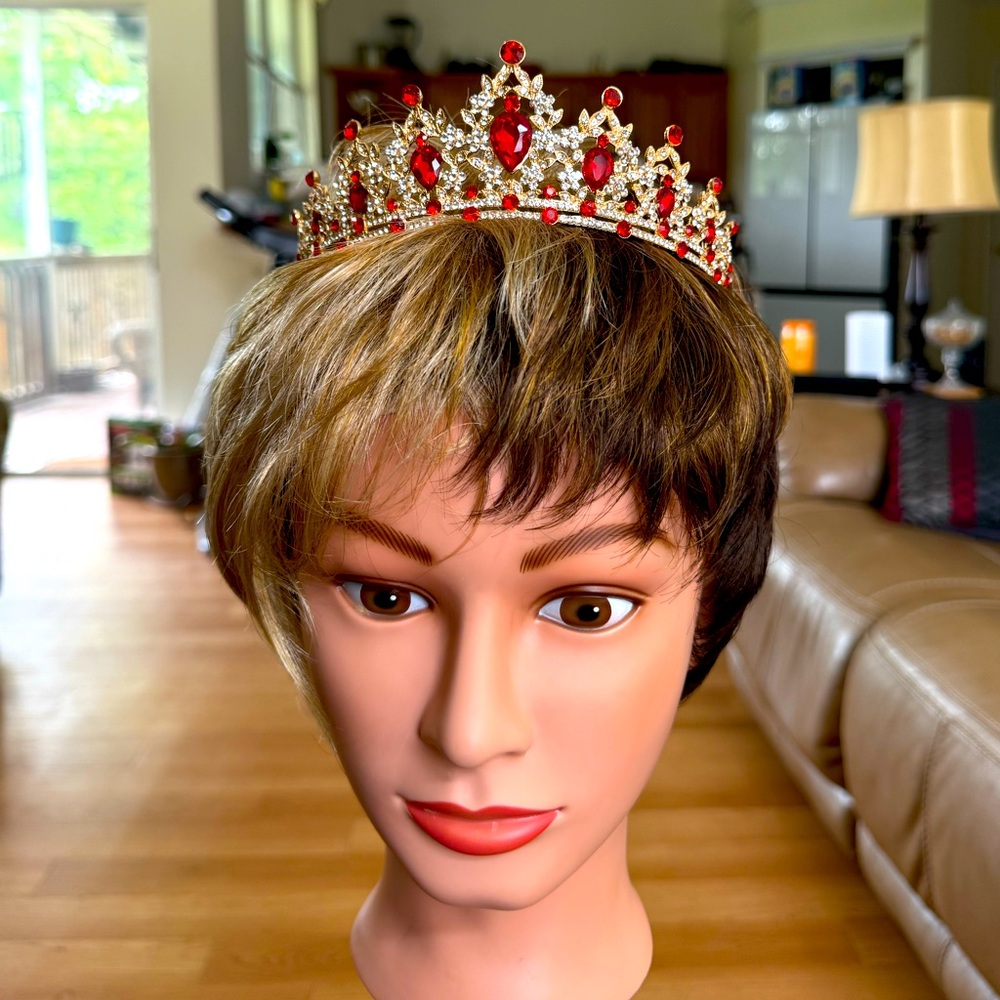 Elegant Gold Tone Tiara with Red and Clear beads. New in packaging!